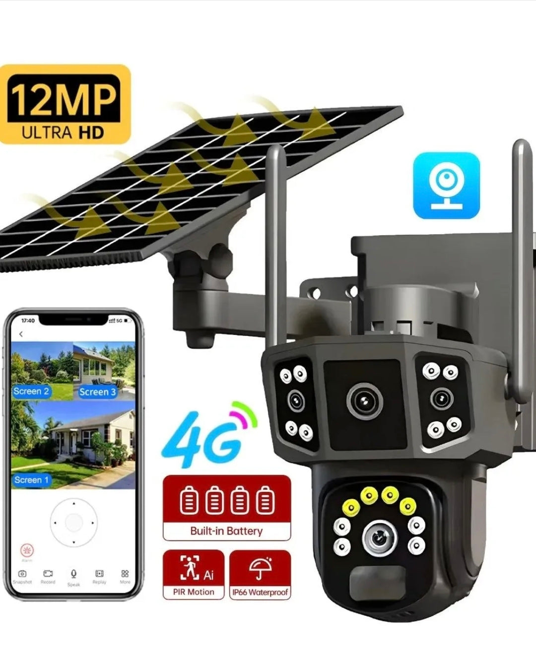 Caméra de Sécurité VC14 4G PTZ – 12 MP, Triple Objectifs, Vision 360°