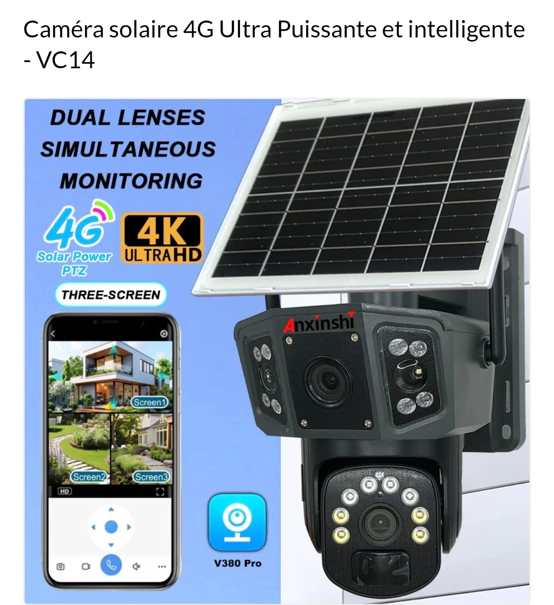 Caméra de Sécurité VC14 4G PTZ – 12 MP, Triple Objectifs, Vision 360°