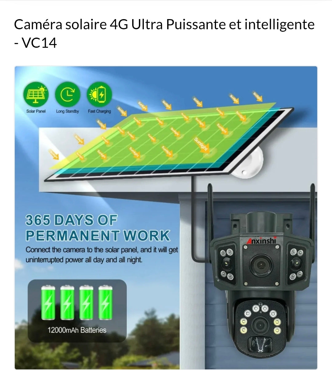Caméra de Sécurité VC14 4G PTZ – 12 MP, Triple Objectifs, Vision 360°